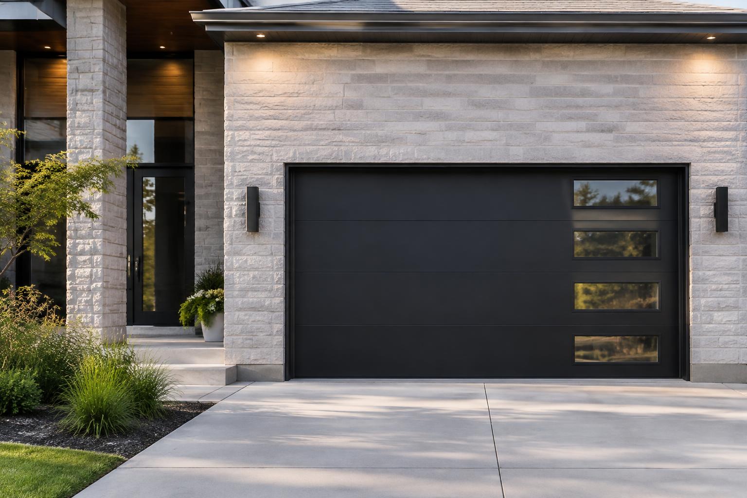 Illustrative black flush-panel garage door with vertical windows