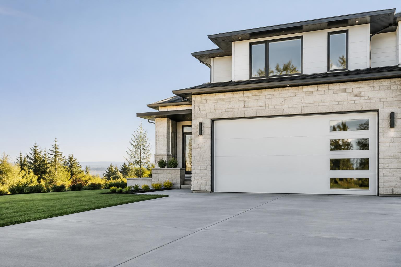 Illustrative white sectional garage door with glass windows and stone exterior